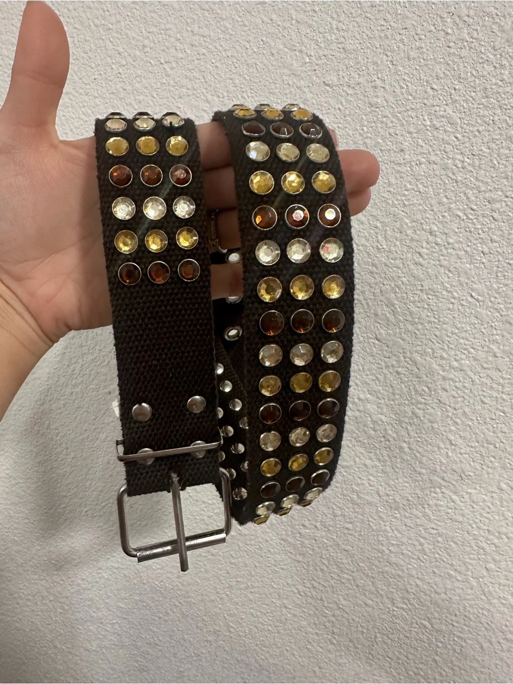Studded Brown Canvas Belt with Amber and Clear Gems